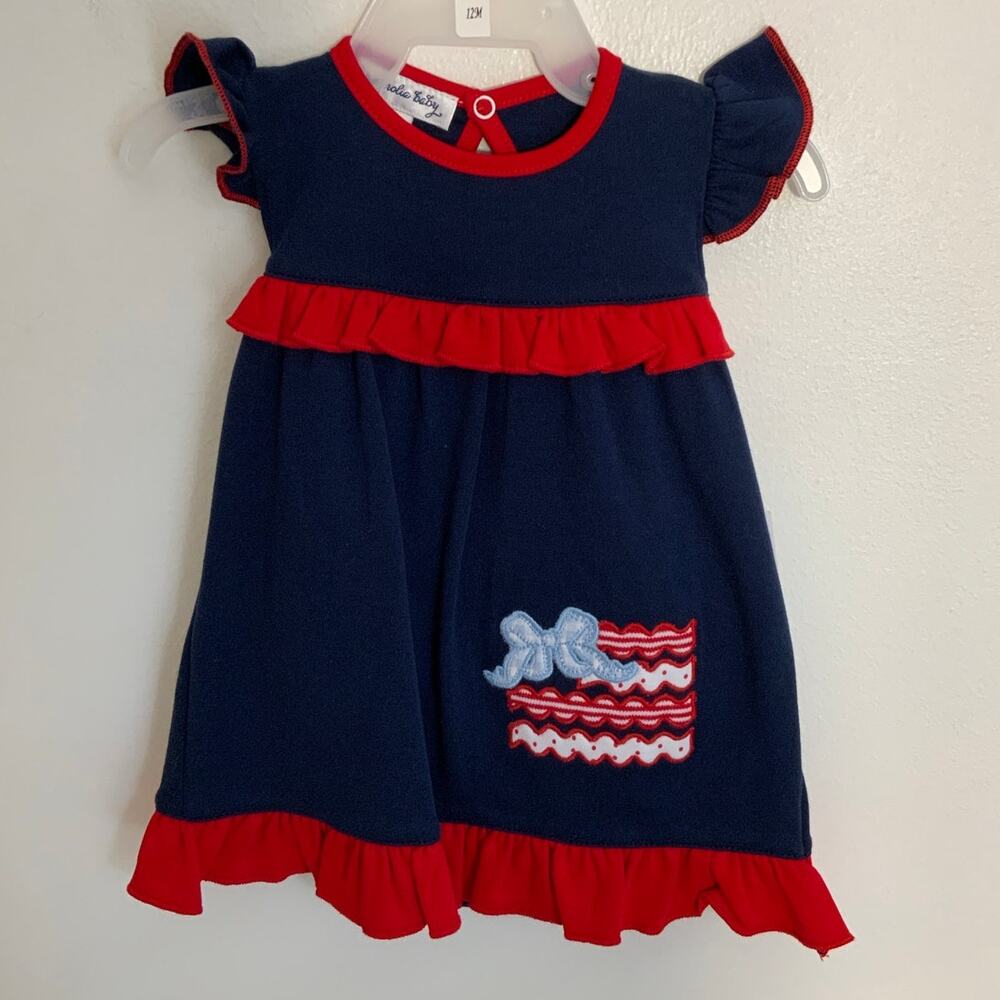 Magnolia Baby Red, White, Blue Cute Flag Applique Flutters Dress NWT NB